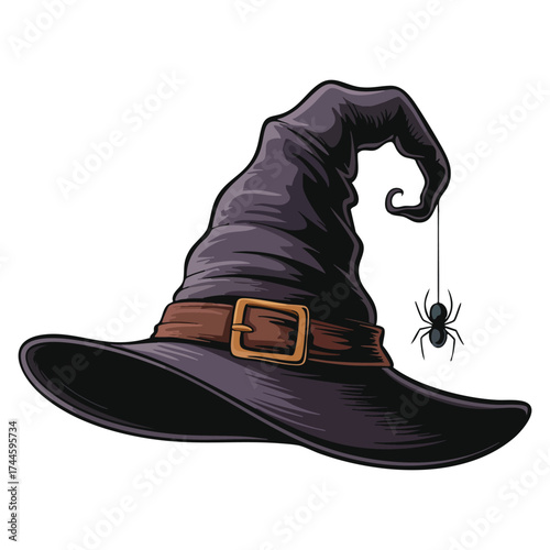 Isolated witch hat with spider vector illustration suitable for halloween fantasy decoration spooky party or magical cartoon themed artwork design
