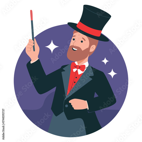 Man with magic wand vector illustration cartoon style ideal for illusionist, stage performer, witchcraft, paranormal, superpowers, imagination, and fantasy