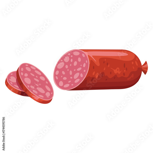 Meat semi finished product concept colorful sticker with delicious salami sausage vector illustration isolated perfect for cooking pizza and other dishes