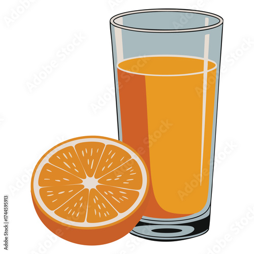 Orange fruit juice in glass with half orange vector illustration isolated on white background perfect for fresh citrus drink vitamins and healthy beverage themed designs