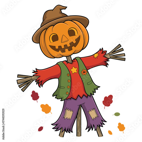 Pumpkin scarecrow isolated illustration on white background vector artwork suitable for halloween festive decoration autumn design or spooky themes