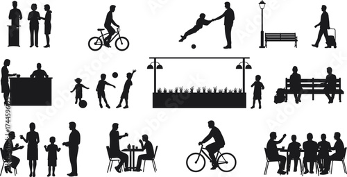 Silhouette people, urban park, community lifestyle, family activities, children playing, social interaction, public space, teamwork, leisure time, modern city environment