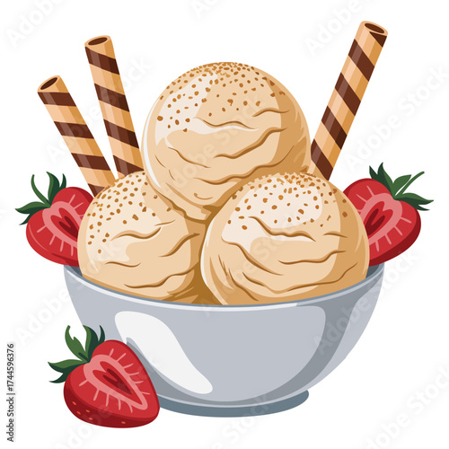 Three balls of vanilla ice cream with berries and waffle vector illustration perfect for summer dessert, sweet creamy food designs, and isolated flat artwork