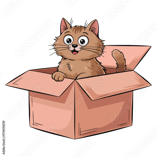 Vector illustration cat in box cute cartoon pet playful character delivery shop purchase construction waste or small house animal creative artwork
