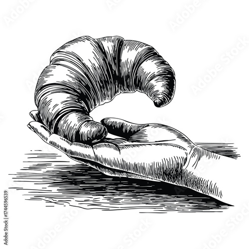 Vector illustration of bakery product sketch featuring traditional croissant homemade pastry isolated on white background suitable for sticker social media bakery themes