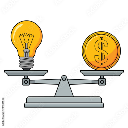 Vector illustration of bowls of scales with bulb and coin representing balance, choice, value, and money concept suitable for finance, decision making, and creative designs