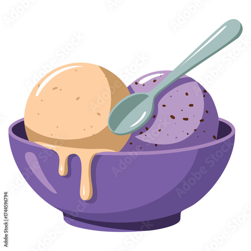 Vector illustration of dairy dessert with scoops of creamy ice cream in bowl suitable for websites, print design, organic sweet desserts, and cartoon artwork