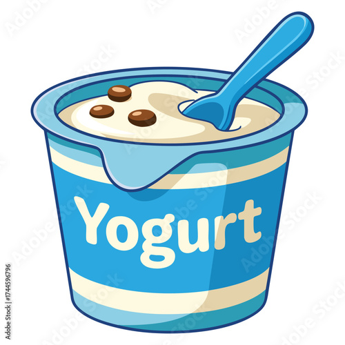 Vector illustration of dairy product with cup of sweet yogurt and fruit pieces ideal for online supermarket design elements, icons, stickers, or cartoon graphics