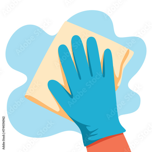 Vector illustration of hand with clean napkin and gloves ideal for cleaning surfaces wiping cloth antibacterial hygiene and home maintenance flat design