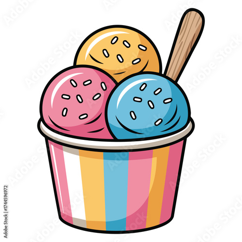 Vector illustration of ice cream in glass with multicolored balls and wafer rolls ideal for dessert, fruit flavor, sticker, social media post, and gourmet themed designs
