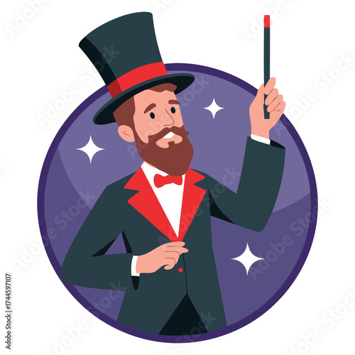 Vector illustration of man magician with wand performing on stage suitable for fantasy, witchcraft, superpowers, illusionist, and imaginative creative design