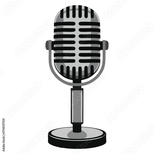 Vector illustration of retro gray microphone ideal for presentation news podcast karaoke show vintage style isolated object or creative audio themed design