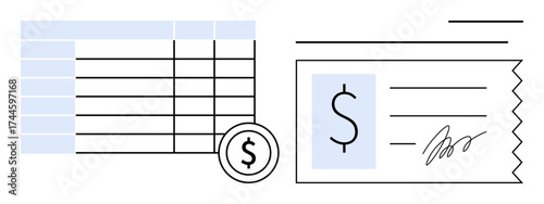 Table with financial data next to payment receipt with dollar sign and signature. Ideal for accounting, finance, budgeting, payment tracking, bookkeeping, tax preparation, and expense management