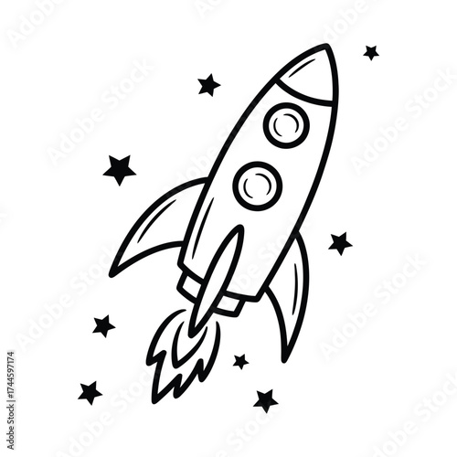 Simple hand drawn rocket ship blasting off into starry space with flames