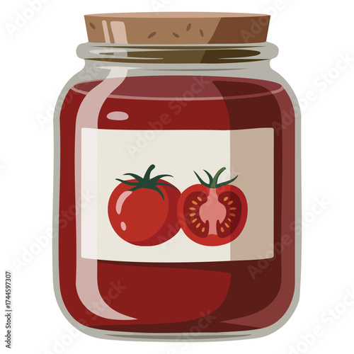 Vector illustration of tomato juice in glass jar with preserve, canning, and tomato pasta suitable for culinary, packaging, drink, and food themed creative designs