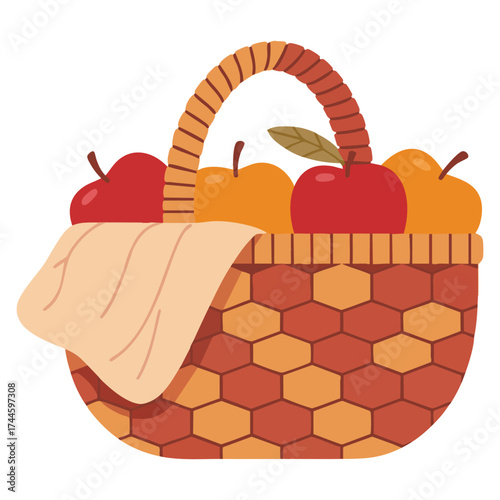 Vector illustration of wicker basket filled with food apple perfect for autumn harvest festival themed greeting cards party invitations or seasonal artwork
