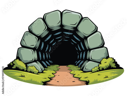 Vector illustration of stone cave entrance dark mountain hole deep underground mine green hill isolated on white background ideal for natural landscape design