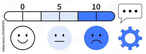 Feedback slider with values 0-10, emotions for emotions ranging from happy to sad, speech bubble, and gear icon. Ideal for user feedback, surveys, emotions, evaluation, mood analysis service