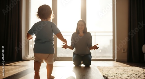 Babys First Steps Cheerful Mother Encouraging Toddler in a Bright Living Room.