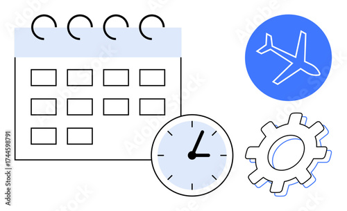 Calendar with marked dates, clock showing time, airplane symbol, and gear representing elements of planning. Ideal for travel, scheduling, time management, logistics, organization productivity