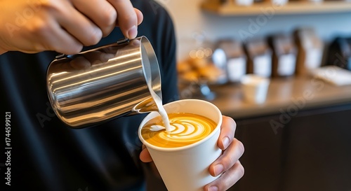 Barista pouring milk with creating latte art heart in paper cup, and cafe shop.