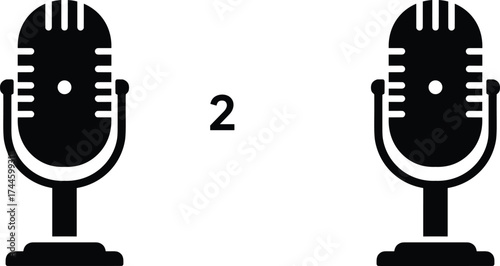 Vintage microphone silhouettes, audio podcast concept, retro broadcast design, communication symbol, music recording, radio show, sound media, episode two theme