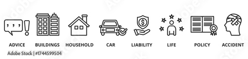 Banner insurance concept with advice,  life, buildings, household, car, liability, policy, accident vector icons