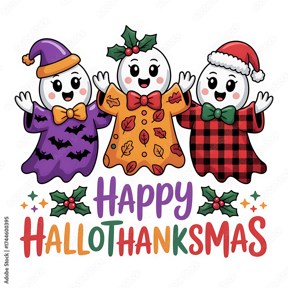 Fototapeta premium Three cute ghosts celebrating Hallothanksmas with festive outfits
