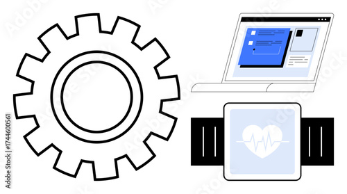 Gear symbol for technology, laptop screen with interface design, and smartwatch tracking heart rate. Ideal for tech innovation, digital tools, fitness monitoring, system optimization, workflow