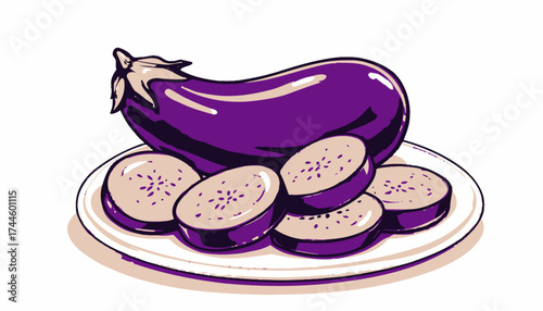 Whole and sliced ripe purple eggplant served on a white plate, presented as a clean vector illustration on a transparent background.