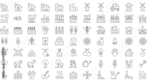 A comprehensive vector illustration of farm-related icons, showcasing various agricultural elements and tools in a clean, outline style, perfect for design projects and educational materials.