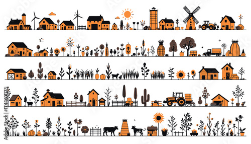 A charming vector illustration showcases a picturesque rural landscape with quaint houses, fields of crops, and farm animals, evoking a sense of idyllic country living.