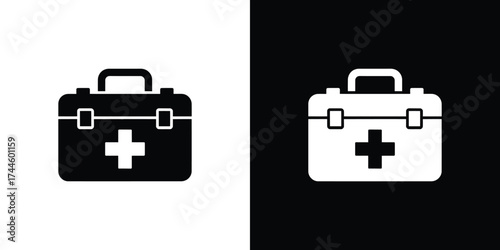Black and white first aid kit icon with handle and medical cross symbol