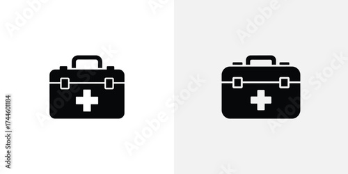 Black First Aid Kit with Handle and Medical Cross on Transparent Background Icons Set