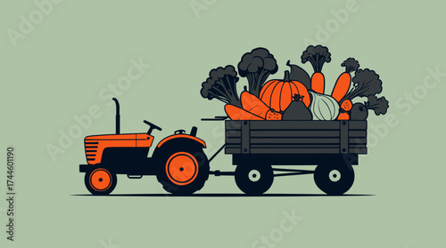 A charming vector illustration depicts an orange tractor pulling a trailer filled with fresh, colorful vegetables, showcasing a bountiful harvest.