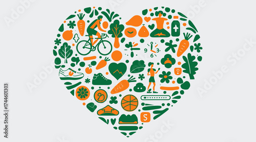 A vibrant vector illustration depicts a heart shape filled with various healthy lifestyle icons, including vegetables, sports, and nutritious food choices on a clean background.