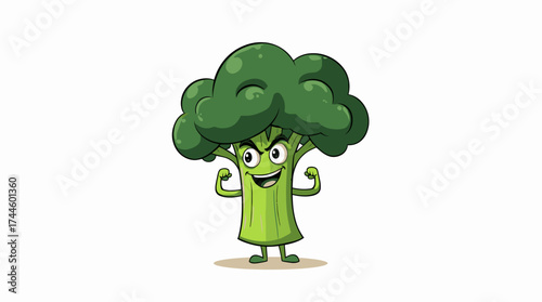A cheerful cartoon broccoli character flexes its arms, showcasing strength and health, perfect for educational materials and healthy eating promotions against a clean white background.