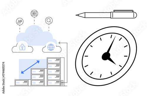 Cloud data storage with users, secure connection icons, scalable servers, pen, and clock. Ideal for productivity, efficiency, time management, organization technology workflow remote
