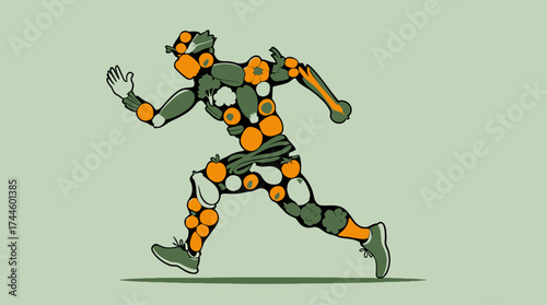A stylized vector illustration of a runner's silhouette composed of fresh green vegetables and vibrant orange fruits, symbolizing healthy eating and an active lifestyle.