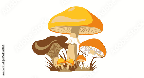 A vibrant vector illustration showcases a cluster of edible mushrooms in various sizes and colors, isolated on a clean background, perfect for culinary designs.