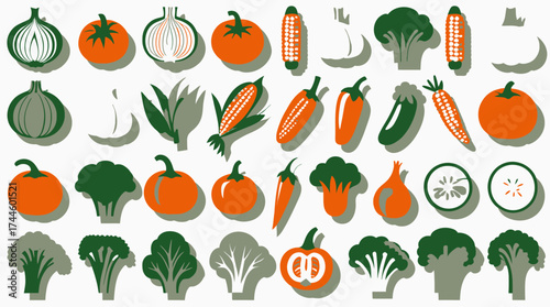 A vibrant vector illustration showcases a diverse array of fresh vegetables in a clean, modern style, perfect for culinary or healthy eating themed designs and illustrations.