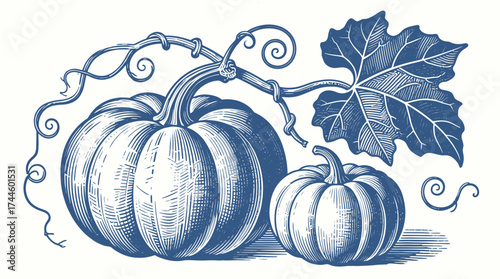 A beautifully detailed vintage blue monochrome vector illustration depicting two pumpkins with a curling vine and a large leaf, perfect for autumn harvest designs.
