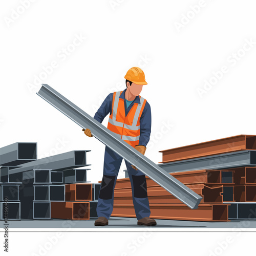 Construction worker carrying steel beam amidst stacks of metal profiles.