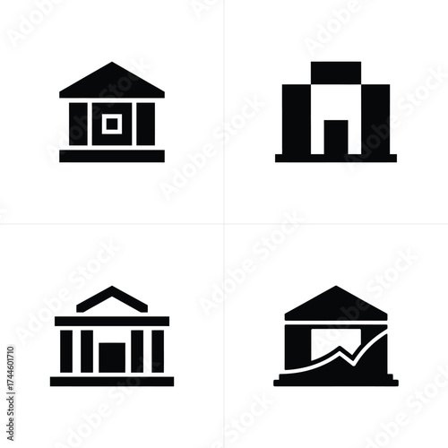 Collection of Building Glyph Icons on White Background Depicting Architecture Style