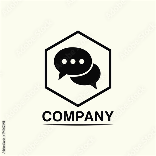 Black speech bubbles inside hexagon logo vector