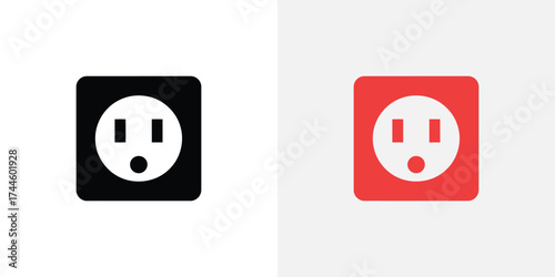 Electrical Outlet Icon Symbol, Black, Red Power Socket Isolated on White Background