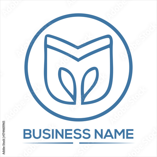 Blue abstract emblem with text circle leaves