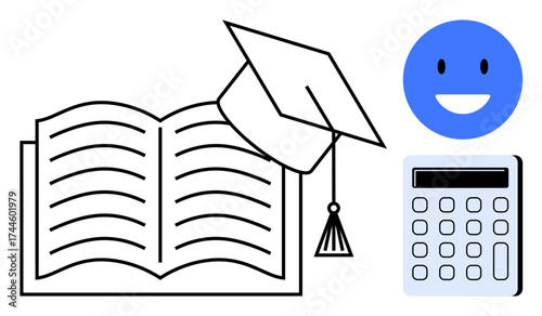 Open book paired with graduation cap, blue smiling face, and calculator suggesting study, success, and achievement. Ideal for learning, success, education technology, study habits future planning