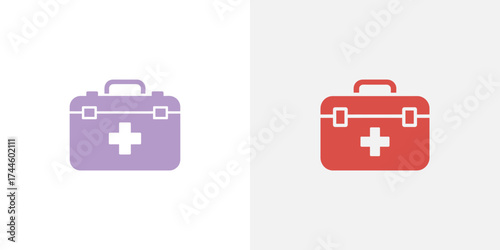 First Aid Kit Icon Set, Medical Case in Lilac and Red on a White Background