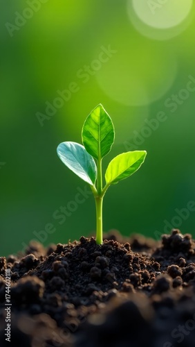 New plant sprouting from dark soil in a sunny garden during spring season